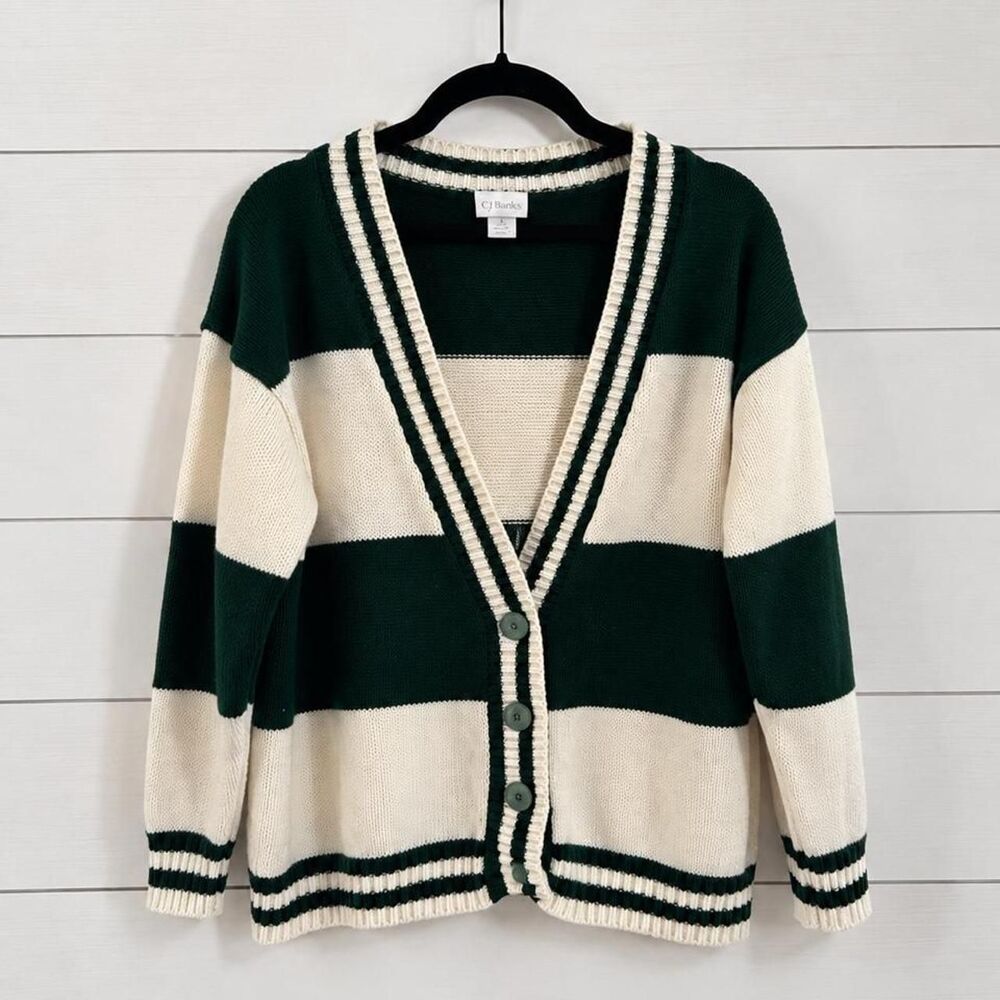 Large Mister Noah Vintage Forest Green & Cream Striped Cardigan